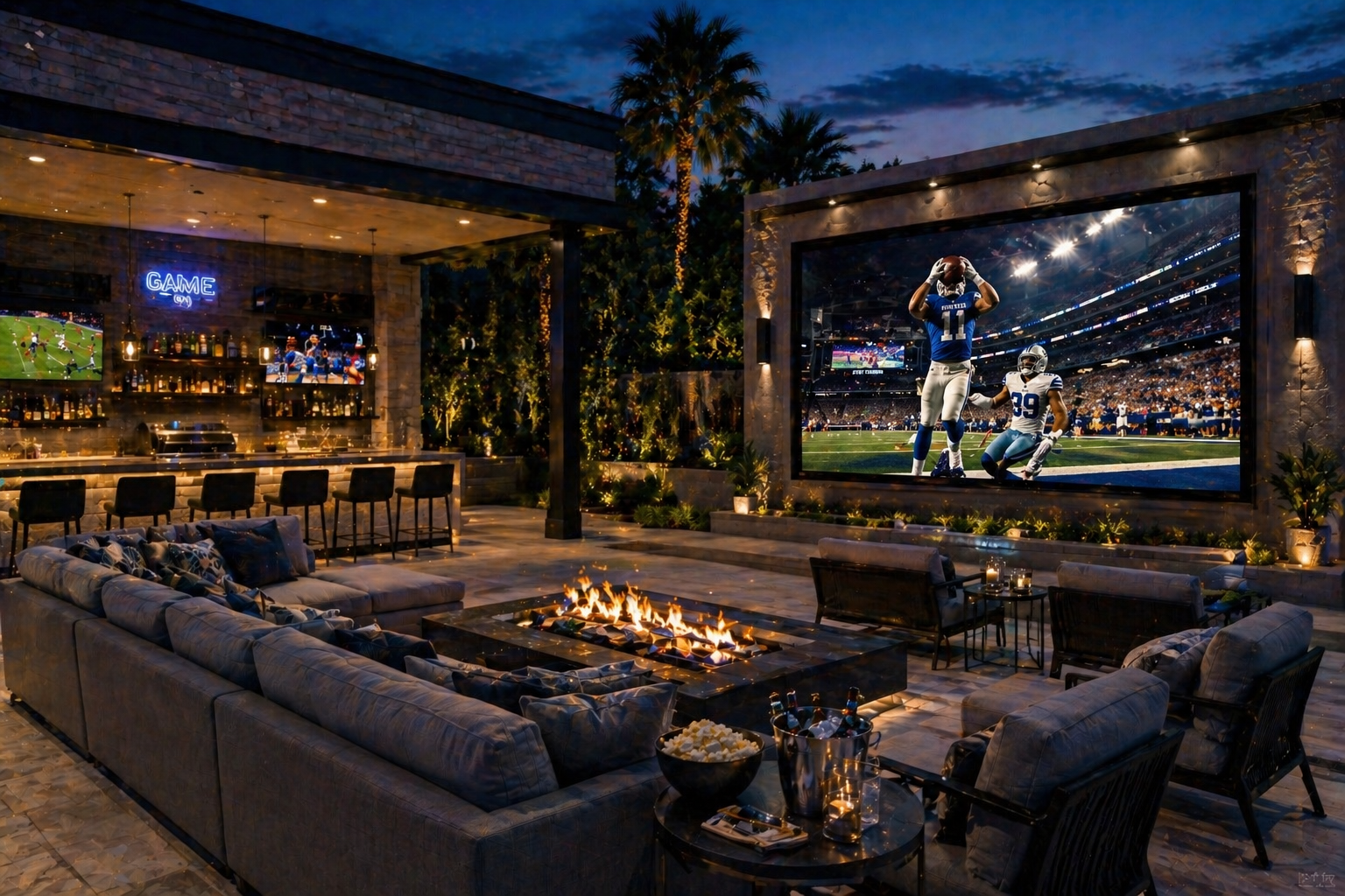 Outdoor estate fire pit cinema